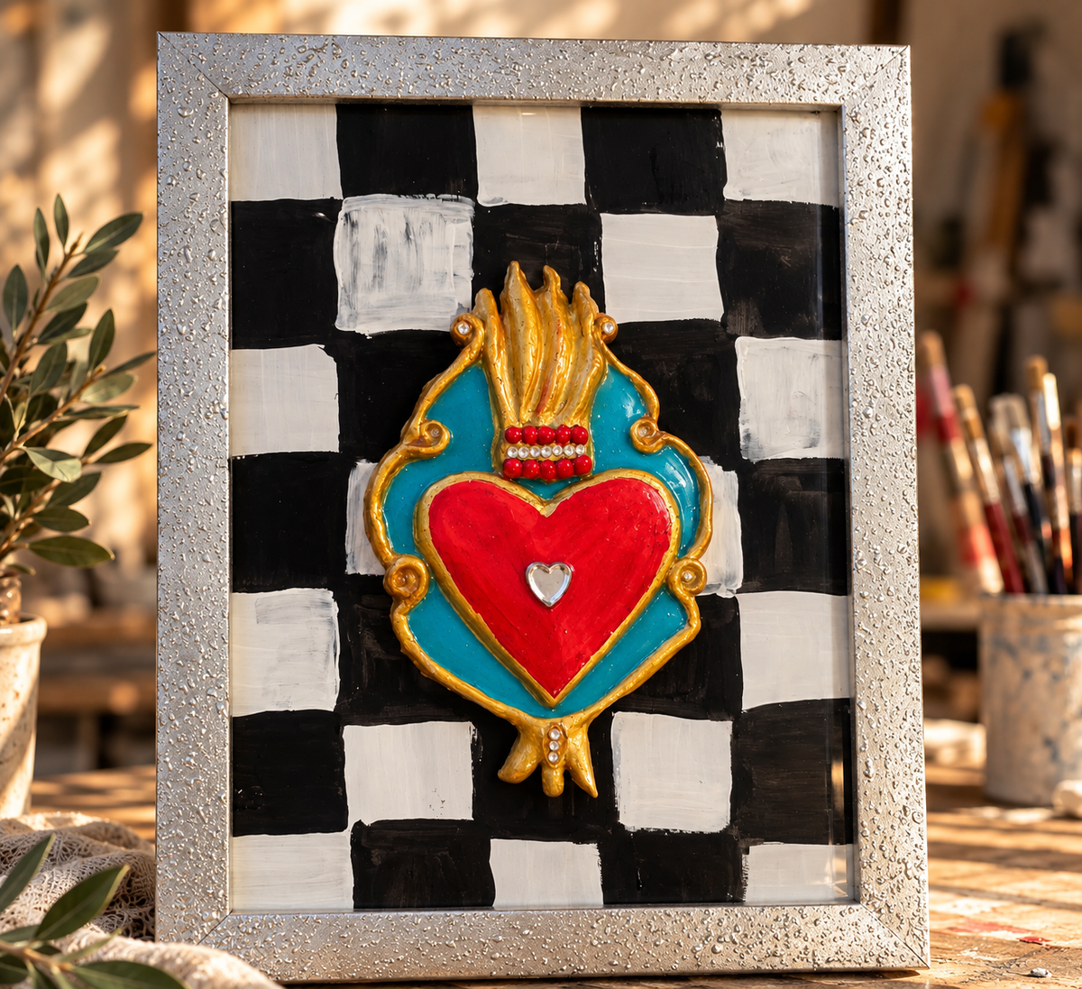 Cuore Sacro Pop Art – Quadro Scultura 3D Fatto a Mano con Cornice | Pezzo Unico